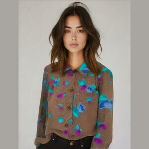 Vintage Brown Blue Purple Silky Long Sleeve Collared Button Up Blouse Top XL